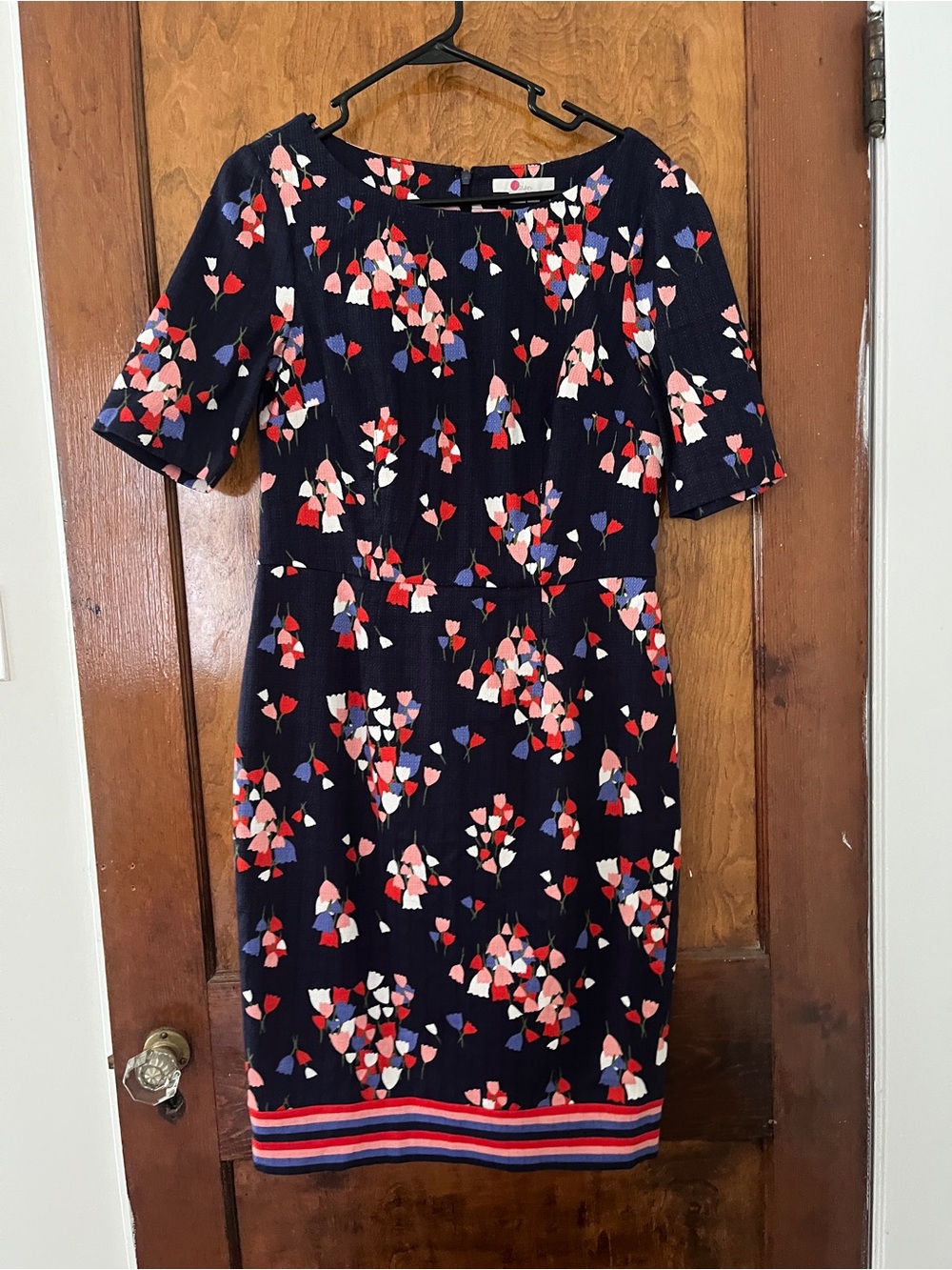 Boden Navy Floral Midi Dress with Striped Hem